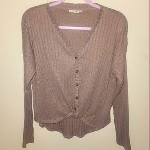 Small SO long sleeve button up v neck shirt with twist front